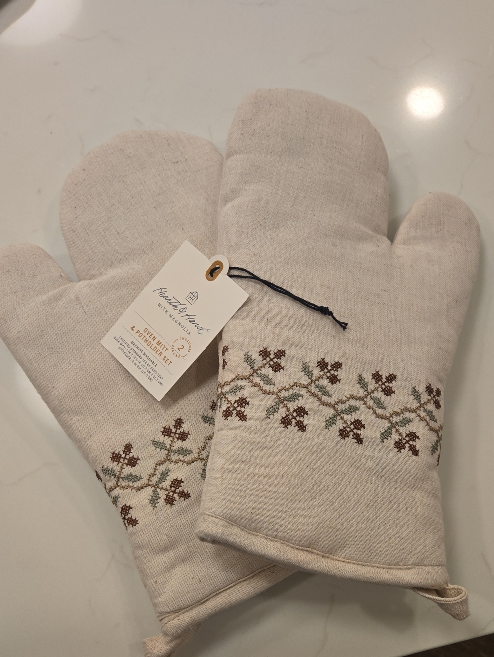 Hearth & Hand Neutral Linen Oven Mitts with Floral Cross-Stitch - Set Of Two